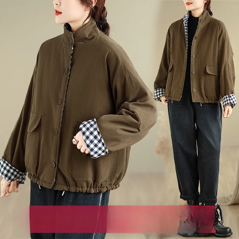 

New Cotton Jaet Stand Collar ort Loose Women's Workwear Winter Versatile Cotton Coat Thiened Ladies' ort Outerwear