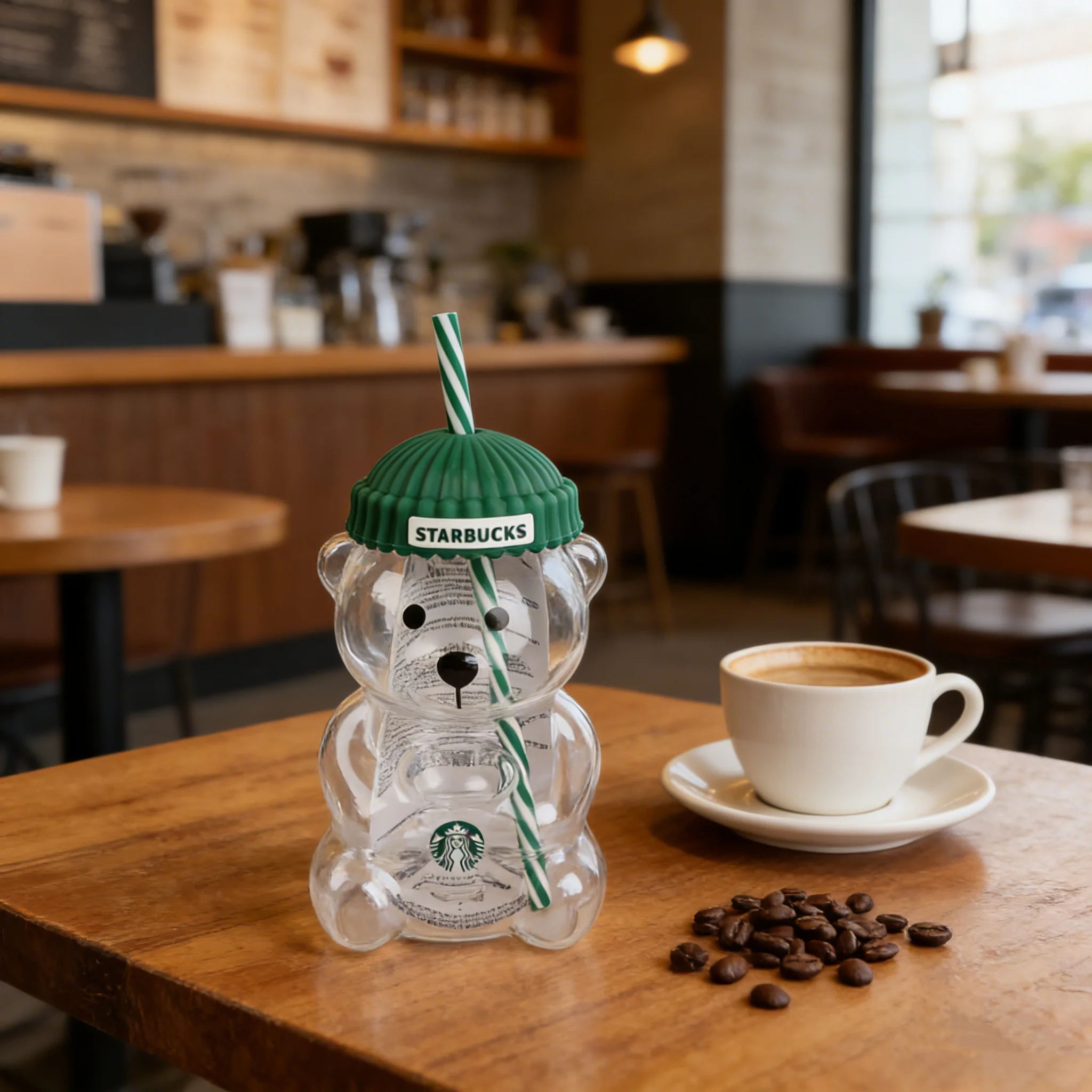 

Bearista Bear Starbucks Glass Cup 591ml Green Hat Lid Straw Cold Drink Home Café Gift