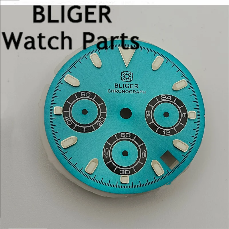 BLIGER 29.4mm Sky blue dial and 6- hand quartz movement Green luminous watch dial Suitable for VK63 quartz movement