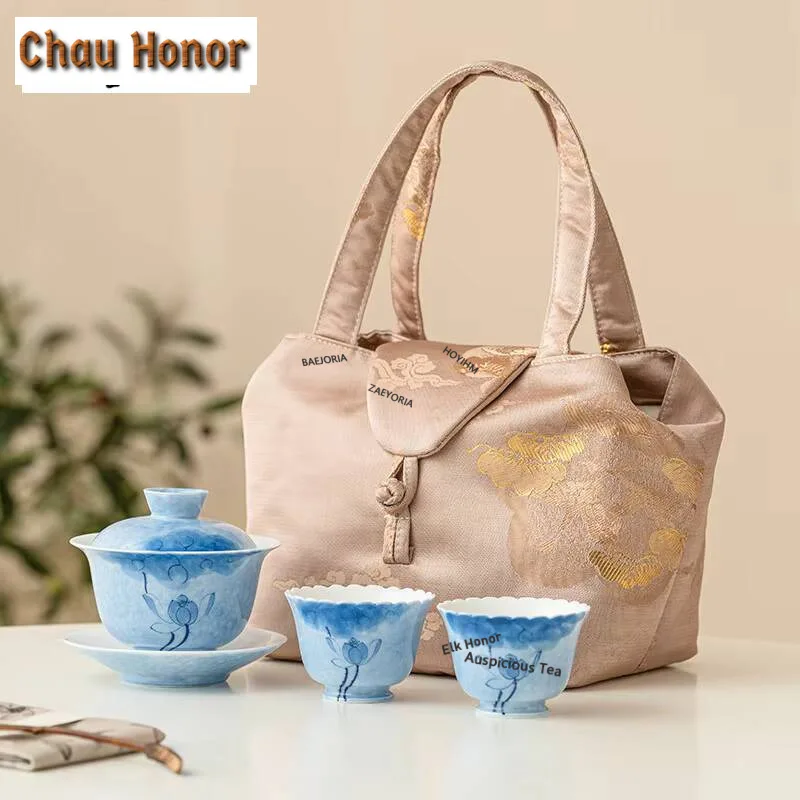 Hand-painted Lotus art Gaiwan Tea Set Kit Antique Teapot and Tea Cup Set 1 Pot 2 Cups Tea Maker Outdoor Portable Organizer Bag view 3