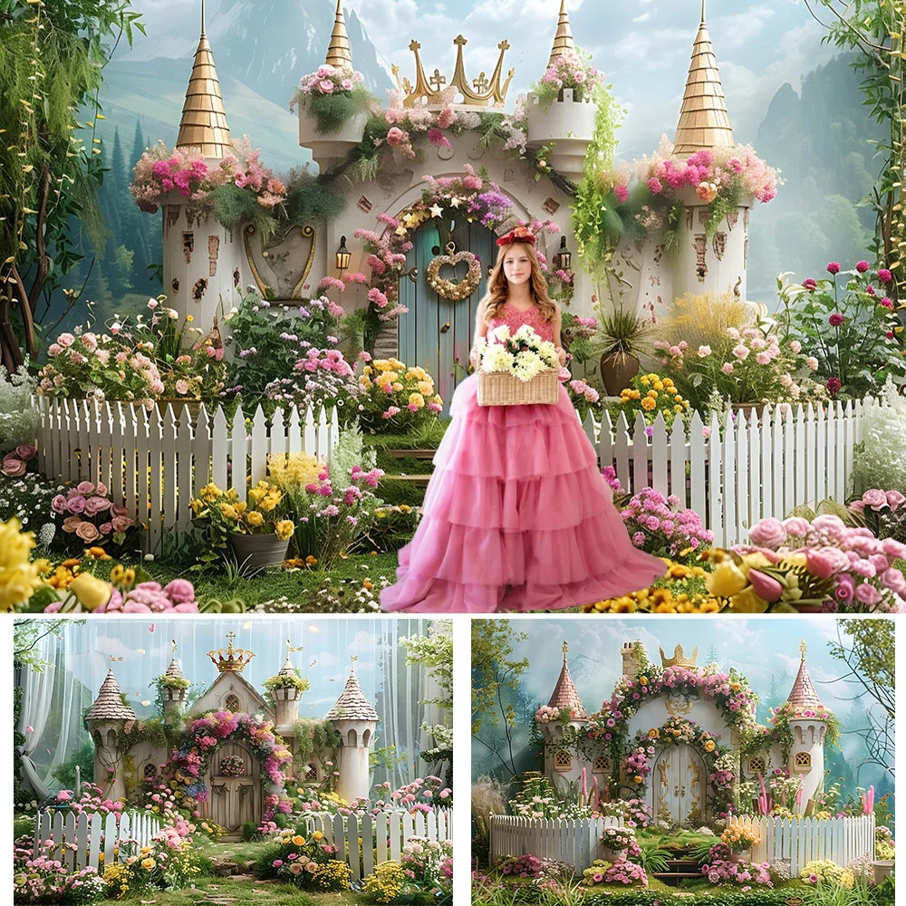 Dreamy Forest Party Background for Girls Princess Castle Garden Fence Flowers Backdrop Decor Kids Birthday Portrait Studio Booth