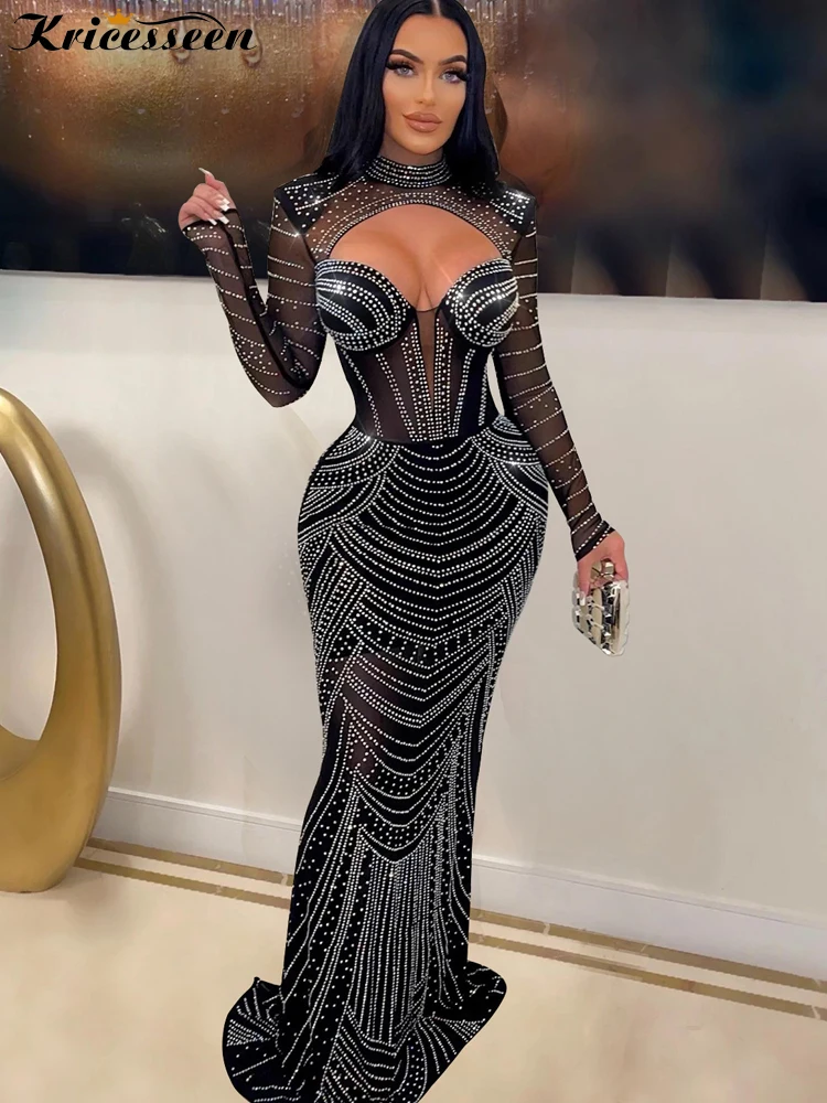 

Kricesseen Sexy Shine Rhinestone Crystal Mesh Sheer Maxi Dress New Women Long Sleeve Front Hollow Out Night Clubwear Long Dress