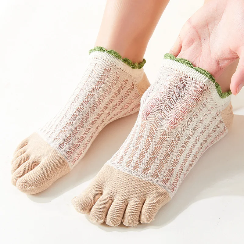 Summer 5 Finger Socks Ankle Women Large-Mesh Breathable Cool Lace Patchwork Sweat-Absorbing Invisible No Show Harajuku Socks