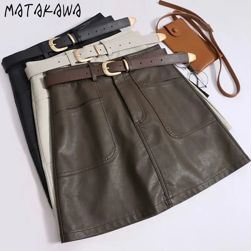 Matakawa PU Skirts for Women Solid A-line Autumn Winter Korean Fashion Mini Skirt High Waist Solid Belt Elegant Sexy Mini Skirt