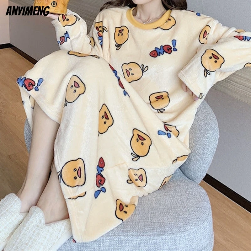 SUKAE Winter Women Nightgowns Girls Sleepshirts Velvet Leisure Flannel Gowns Homewear Casual Sleepdresss Round Neck Pijama Dress