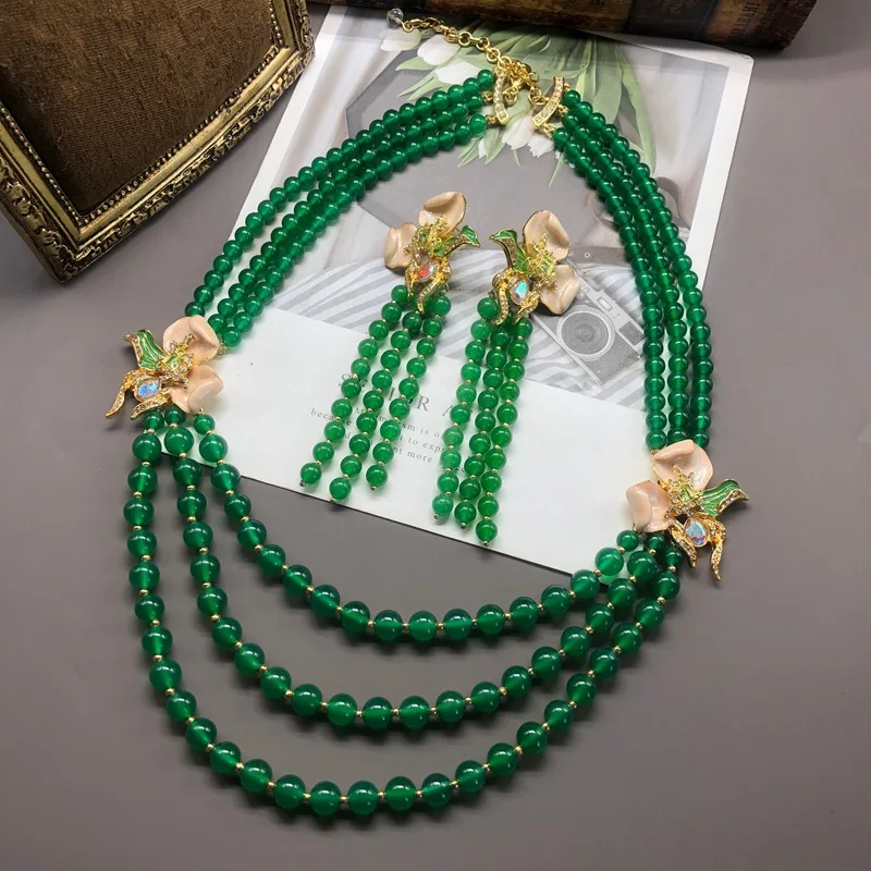 

vintag niche аксессуары женские fashion green agate multi-layer beaded flower earrings tassel necklace