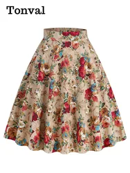Tonval Colorful Floral 50s Pinup A Line Midi Skirts for Women High Waist Zipper Back Cotton Vintage Female Swing Skirt