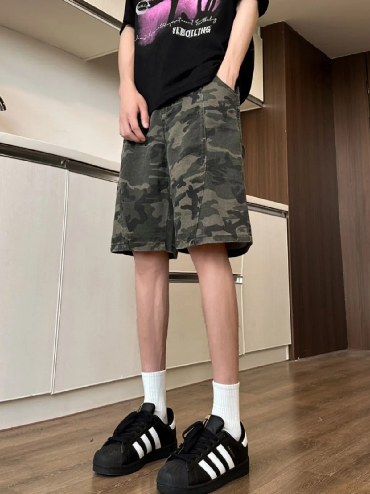 

Camouflage Workwear orts Men's Summer American High Street Baskeall Sports Loose Casual Five-Quarter Length Youth Faion
