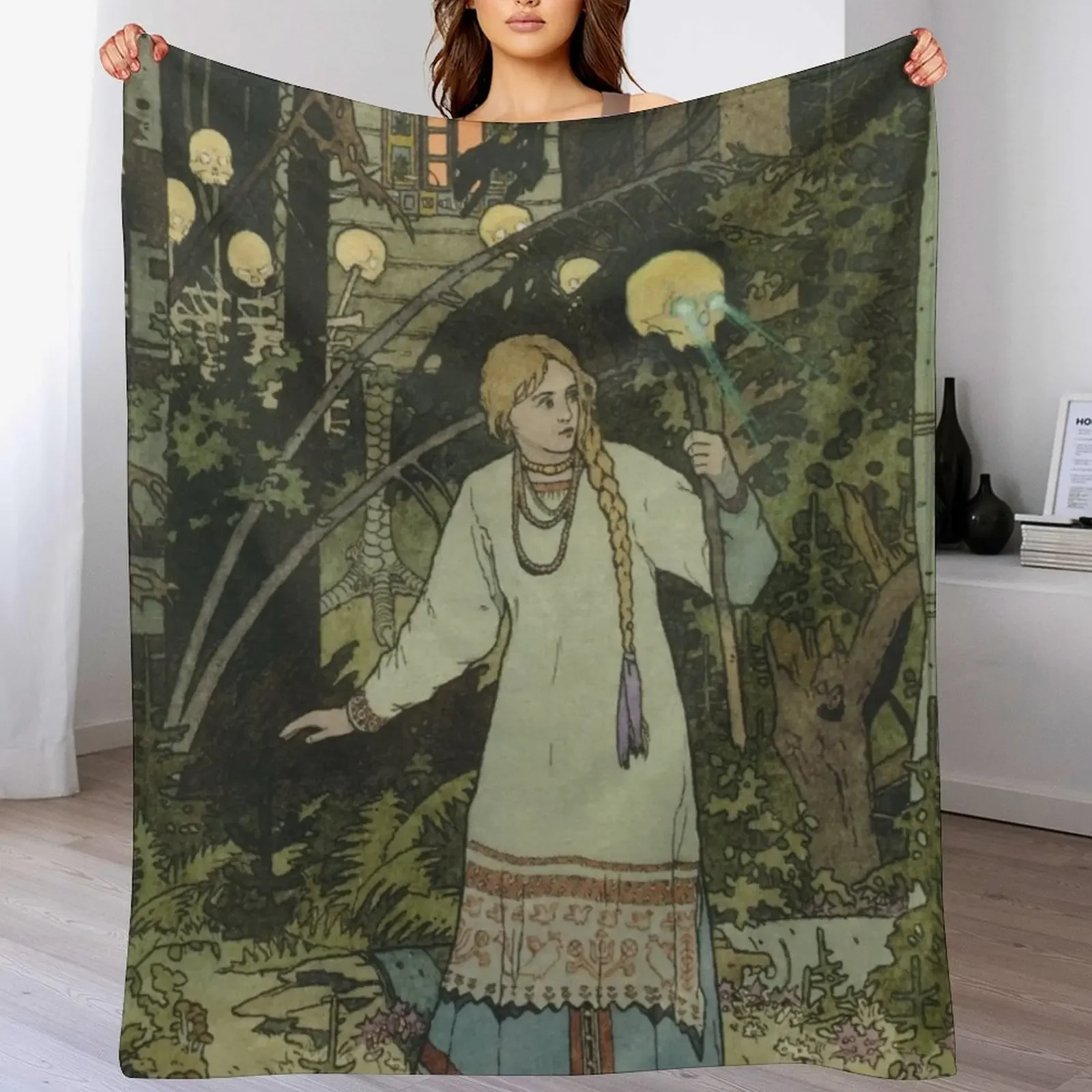 

Vasilisa Taking the Skull with Burning Eyes Ivan Bilibin Throw Blanket Fashion Sofas Flannel Fabric wednesday Blankets