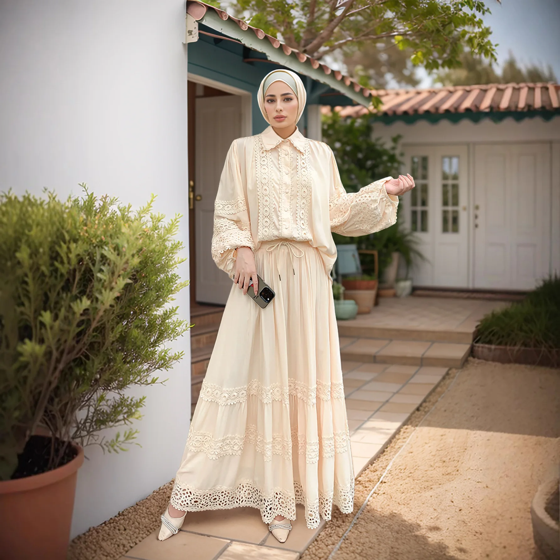 Ramadan Morocco Lslamic Middle East Arab Muslim Women's Hollow Lace Patchwork Bubble Sleeve Top+Large Swing Skirt Two Piece Set