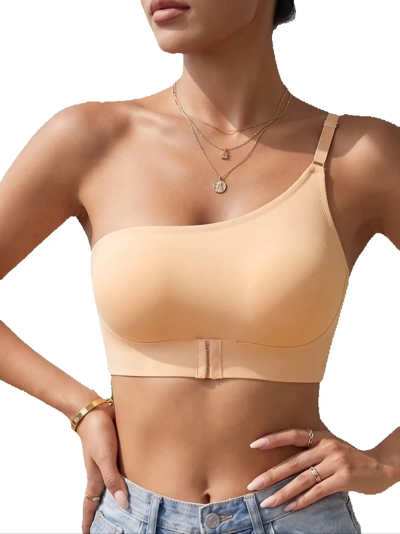Einschultriger, einfarbiger Damen-BH, kabelloser Push-up-BH mit Frontverschluss, Bandeau-BH, verstellbare, nahtlose Unterwäsche