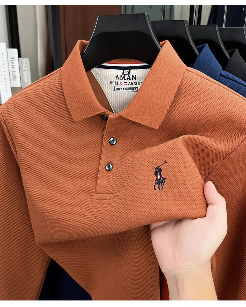 

2025 Новая высококачественная мужская рубашка-поло с вышитым воротником для деловой повседневной футболки с длинными рукавами