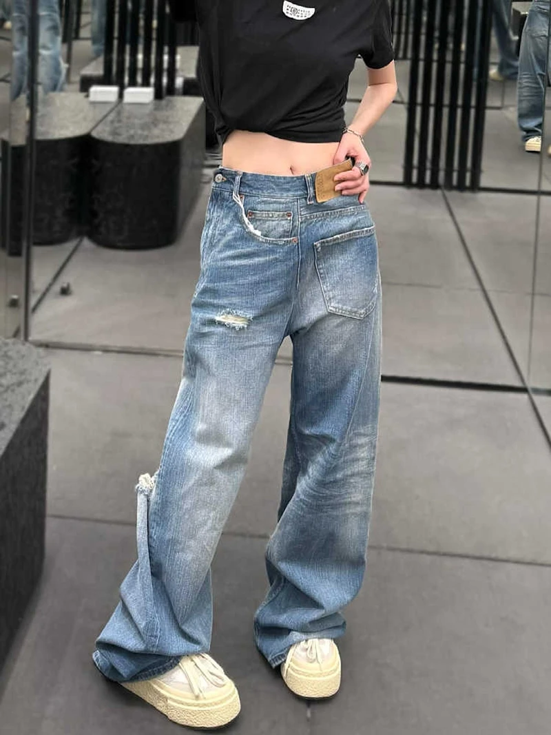 

Blue Womens Jeans High Waist Vintage Straight Y2K Summer Denim Pants Ripped Streetwear American Wide Leg Baggy Denim Trouser