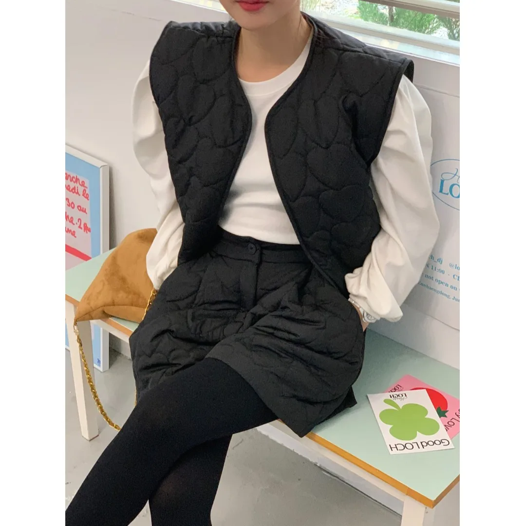 韓国風シックなハート柄コットンベストトップとカジュアルスリムフィットパンツのツーピースセット レディースファッショナブル通勤服