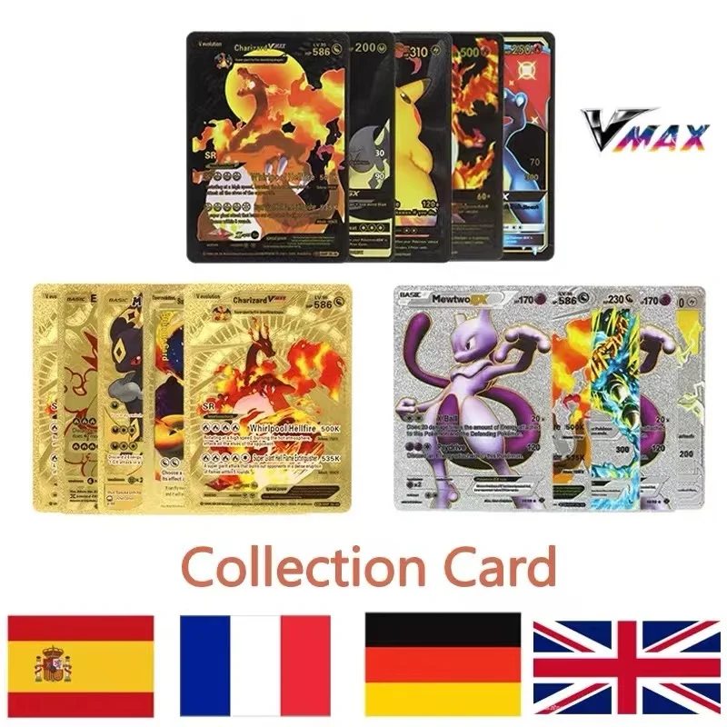 110-27Pcs Pokemon Gold Foil Card VMAX GX VSTAR Cards English French German Spanish Charizard Pikachu Arceus Silver Pokemon Cards