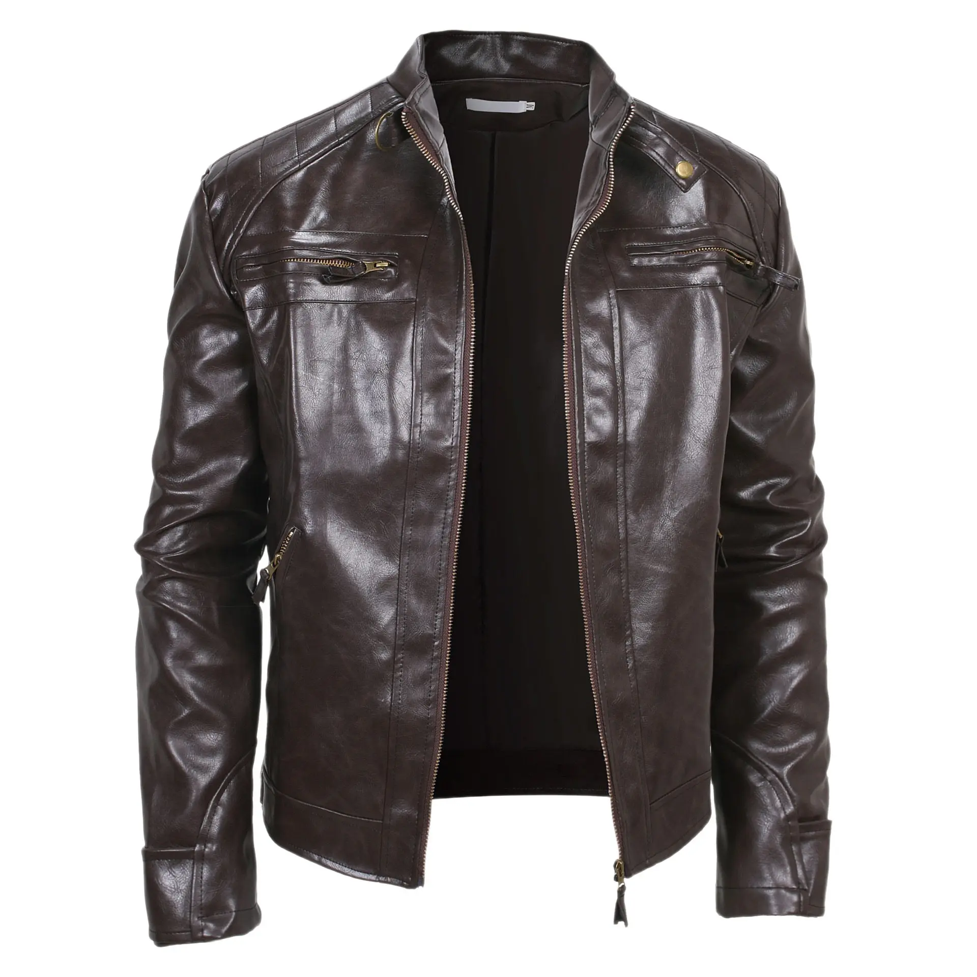 Men Autumn Winter Men Pu Jackets Men Retro Biker Faux Leather Jacket Stand Collar Slim Fit Zip Up Motorcycle Leather Coat