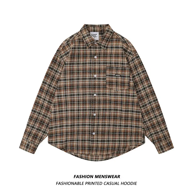 BEIANJI brand fried street American contrasting color plaid printing summer new men and women couple casual long-sleeved shirt