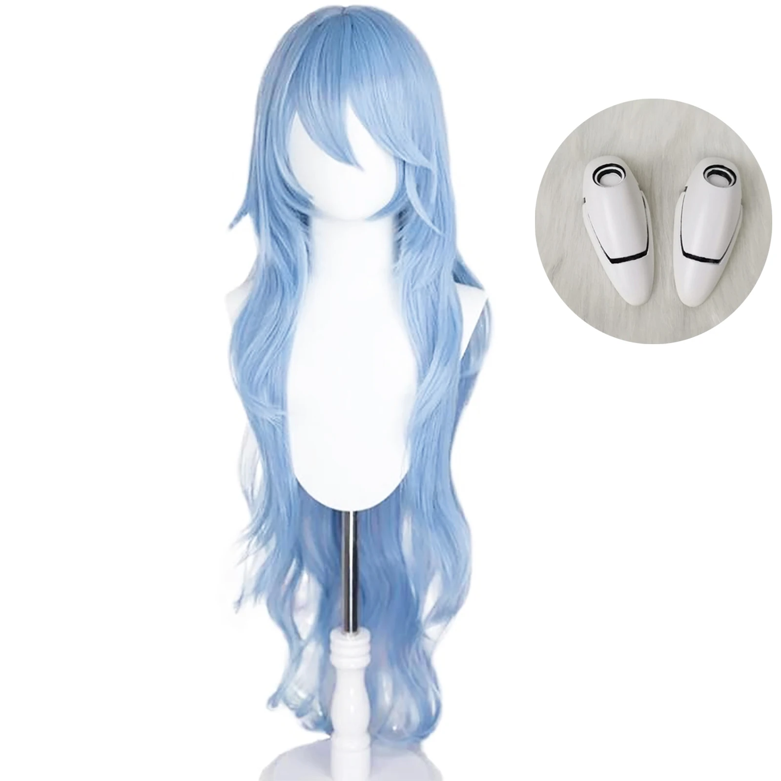 JT Synthetic EVA Ayanami Rei Cosplay Wigs Long Sky Blue Wavy Wig with White Props Headwear Haripins For Role Play Halloween