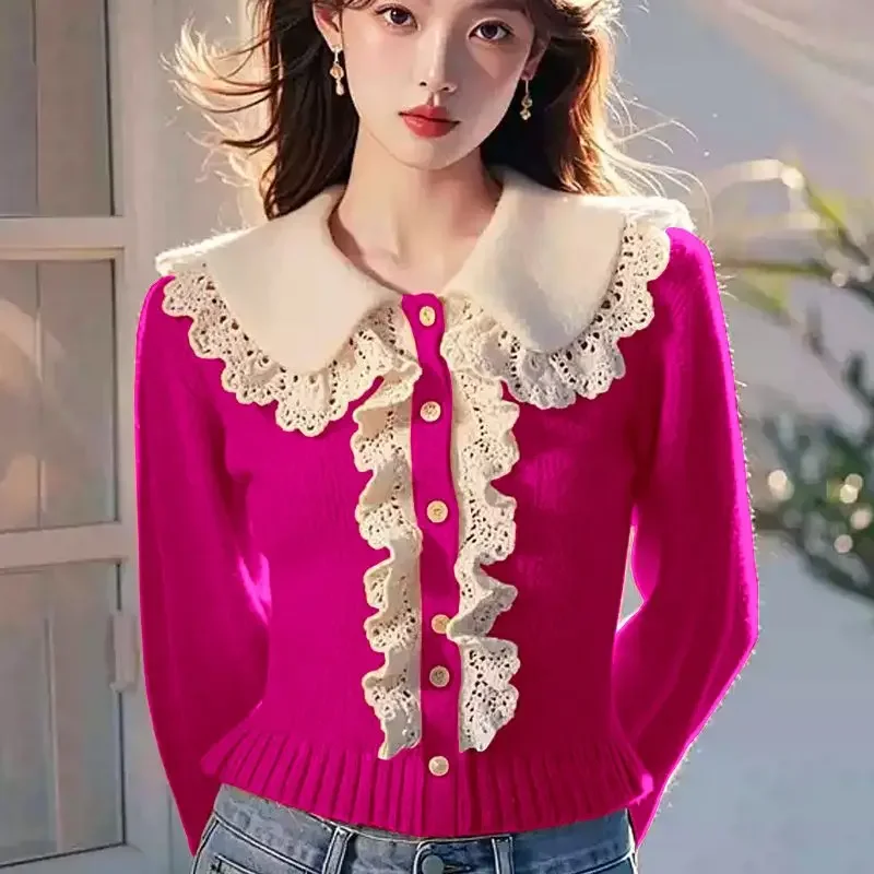 

2024 Autumn Gentle Wind Wood Ear Knitted Long Sleeve Top for Women's New Look, Skinny and Spicy, Pure Desire Style