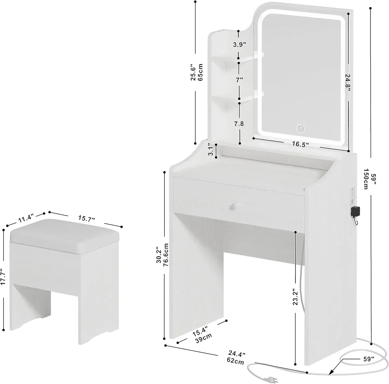 LIKIMIO Small Makeup Vanity Desk with Mirror and Lights, Vanity Table Set with Storage Drawer & Chair & 3 Shelves, Bedroom