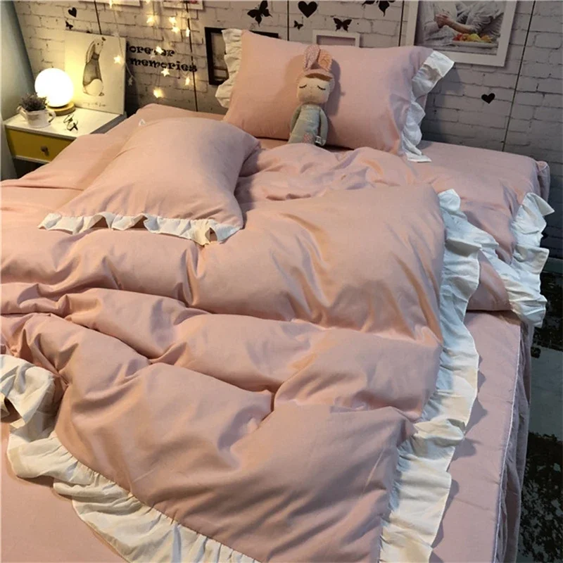 

Korean Princess Style Pink Four-Piece Lace Duvet Cover Sheet Single-Piece Washed Cotton Cute Girl Heart Bed Sheet
