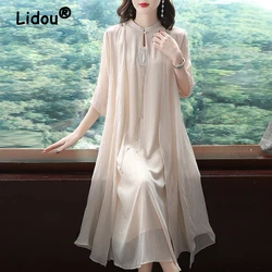 Two Piece Set for Women Retro Embroidery Chinese Style Elegant Party Dresses 3/4 Sleeve White Loose Fairy Midi Dress Robe Outfit