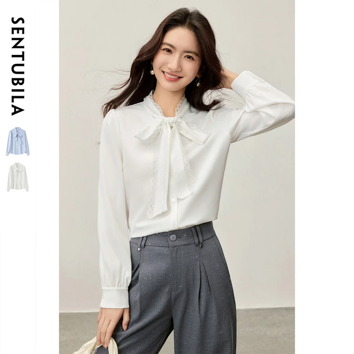 

SENTUBILA женская рубашка с кружевным воротником и лентой, осень 2022, элегантный топ с пышными рукавами и воротником на шнуровке, топ с длинными рукавами 153CF2411