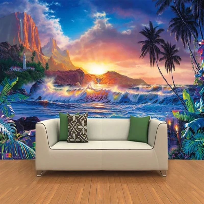 Customized European 3D Coconut Tree Sea Oil Painting Murals Living Room Study Kid's Bedroom Background Photo Wallpaper Decor 8d