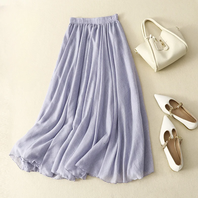 Slim Cotton Leaf Edge Double Layer Half Skirt Loose Waist A- shaped Big Swing Skirt Women Casual Style Long skirt