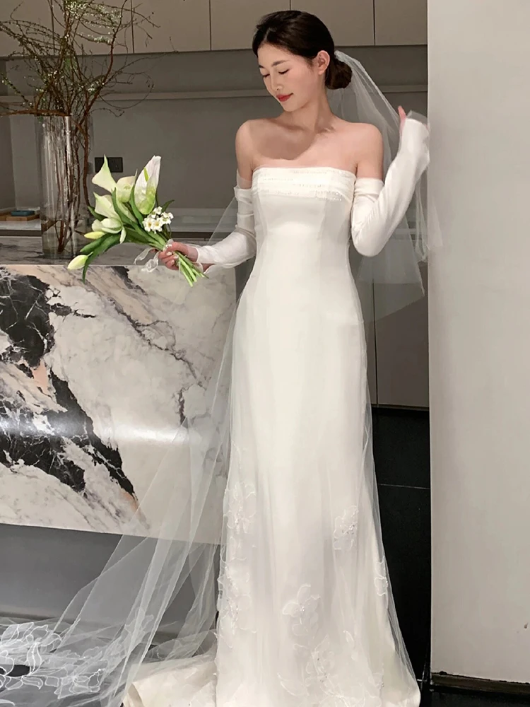 

Ele Simple Satin Light Wedding Dr One oulder Fi Tail Gown for Hotel Indoor Use with Welcome White Wedding Dr