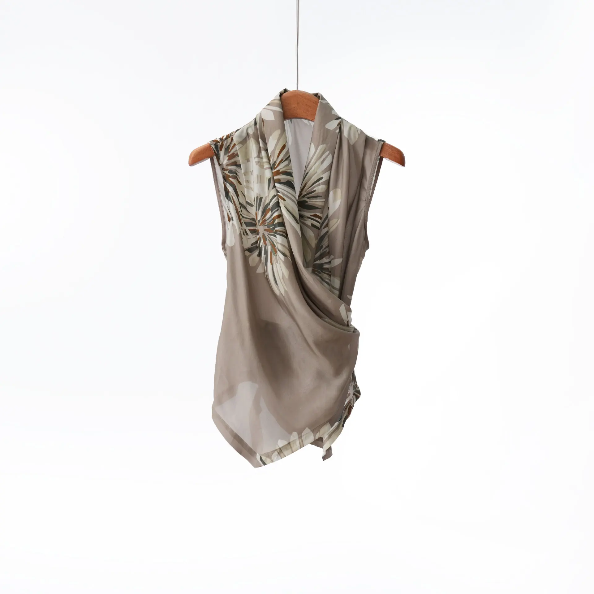 Women'S High-Quality Mulberry Silk Sleeveless Floral Top With Beaded Collar Detail – Spring/Summer 2026 New Arrival