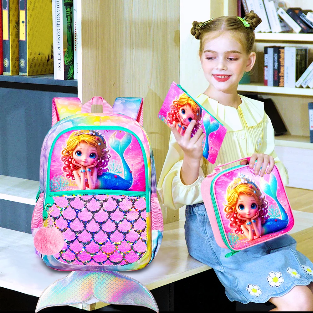3Pcs Mermaid Backpack for Girls, 16\