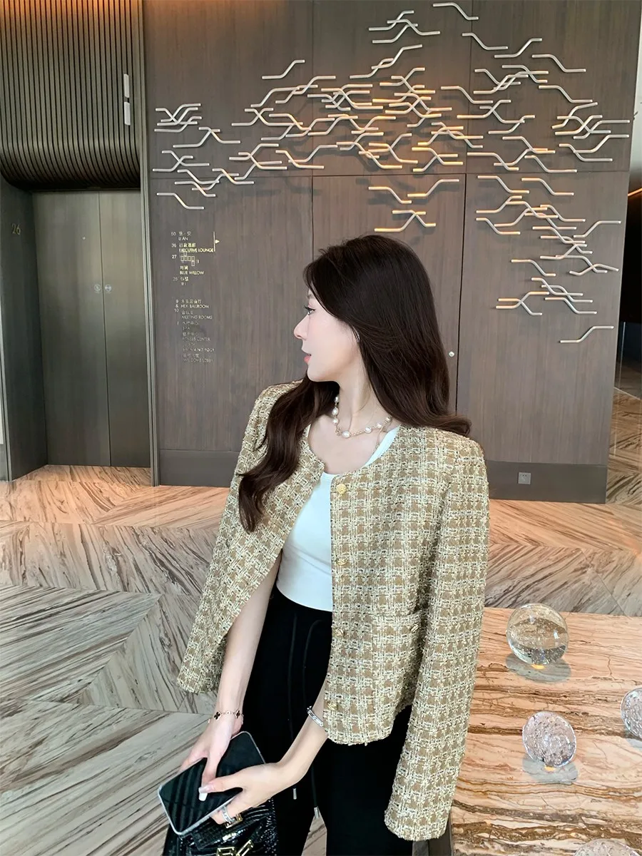 

Женское короткое пальто Litchi Sweetn в желтую клетку, осенняя новинка, модная верхняя одежда в стиле французского шика, приталенное, с круглым вырезом, стандартный крой.