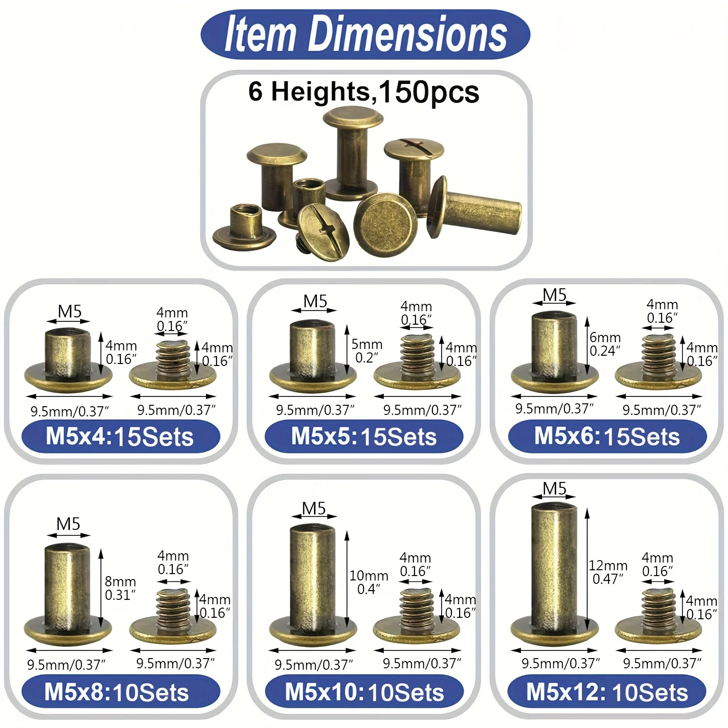 GOSUNDA150 Chicago Screw Sets in Various Colors (M5*4 5 6 8 10 12) Suitable for Repairing Leather Craft Belts, Bags, Shoes, Wall