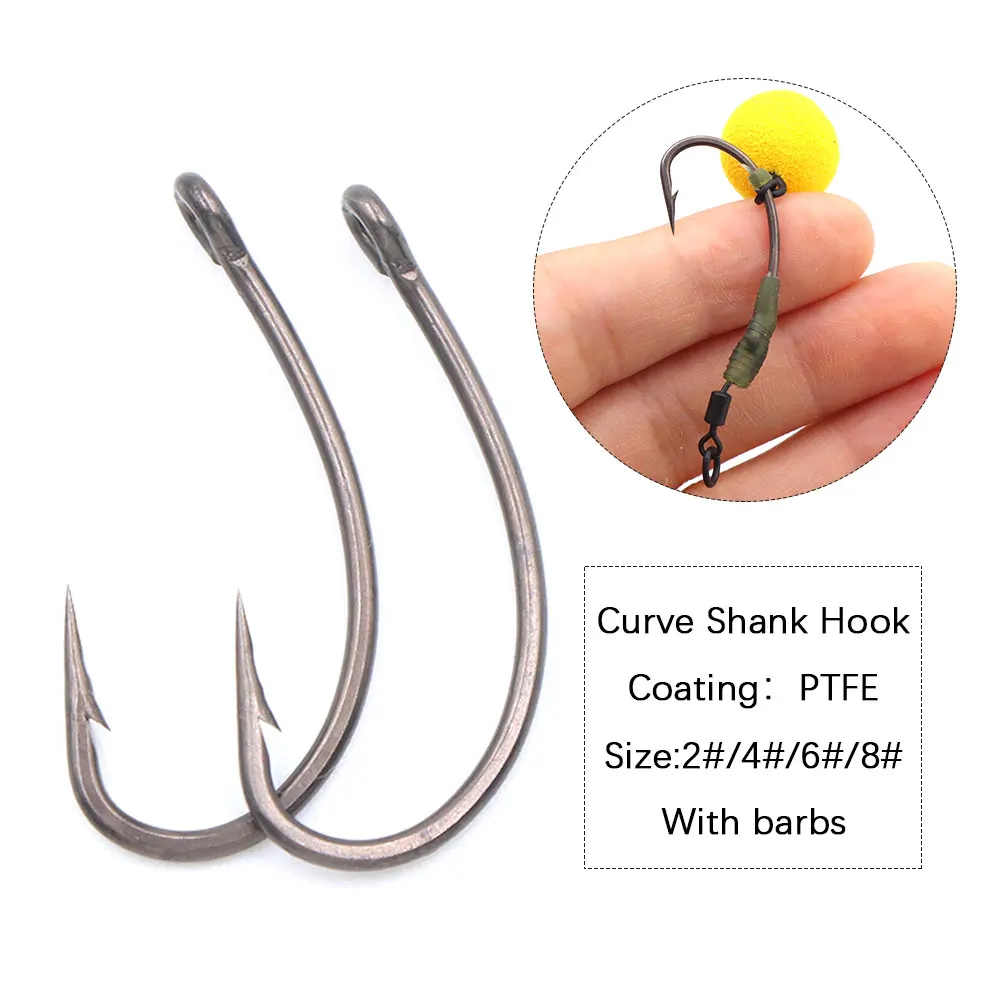 20pcs Carp Fishing Hooks Curve Shank Barbed Hook  High Carbon Steel PTFE Coating Hook For Carp Hair Rig Accessories Tackle