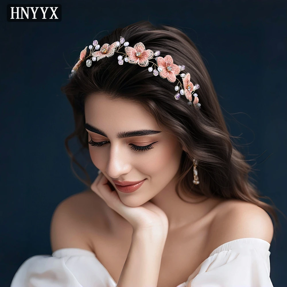

HNYYX Sweet Pink Flowers Headband Elegant Pearl Headdress Cute Organza Ribbon Headwear Bridal Wedding Banquet Hair Ornament A363