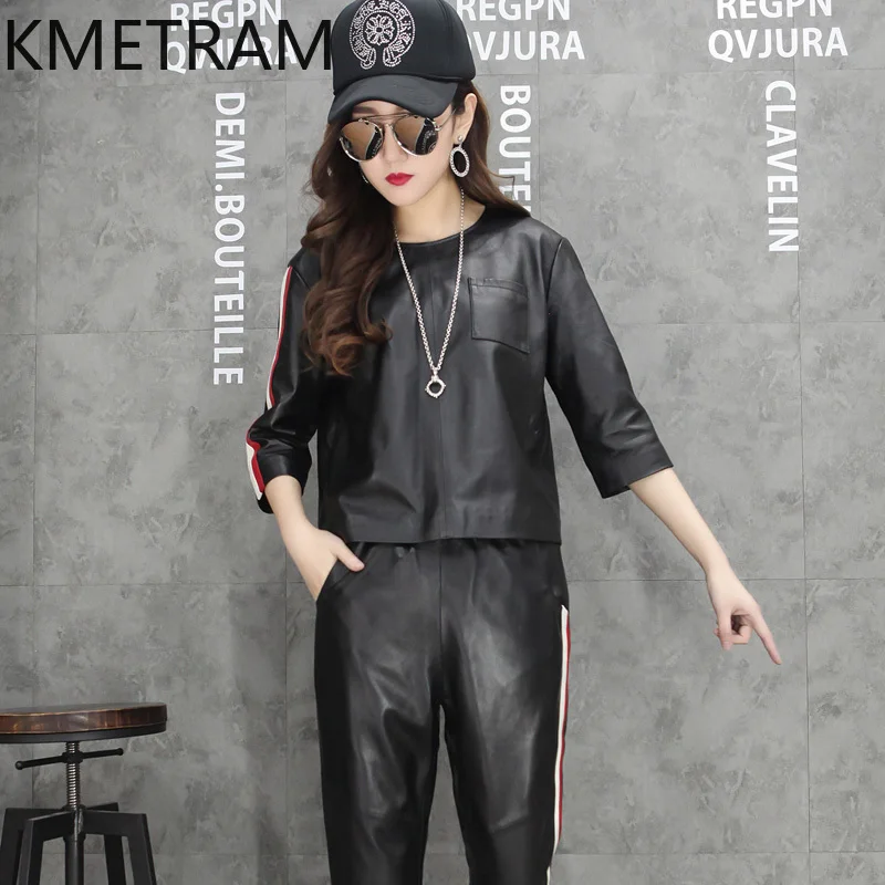 本物の羊皮トップレイヤーのレディース本革ジャケットとパンツカジュアルスーツ女性秋服2025 дубленка женская