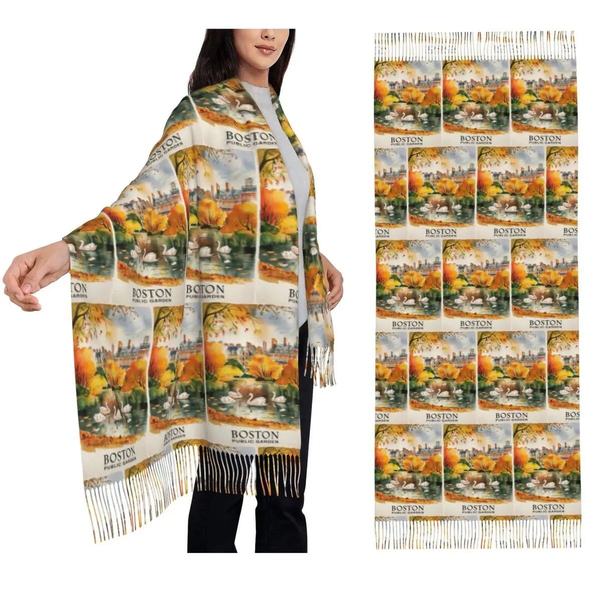 

Boston Vintage Travel Poster Scarf Tassel Scarves Women Soft Warm Shawls and Wraps Long Fall Winter Shawl Wrap