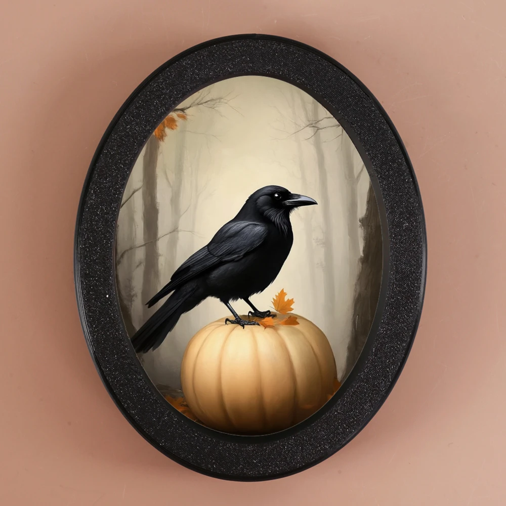 

Цельное овальное украшение в загадочном стиле на Хэллоуин, разработанное с иллюстрацией вороны и тыквы, подходит для домашнего настенного дисплея