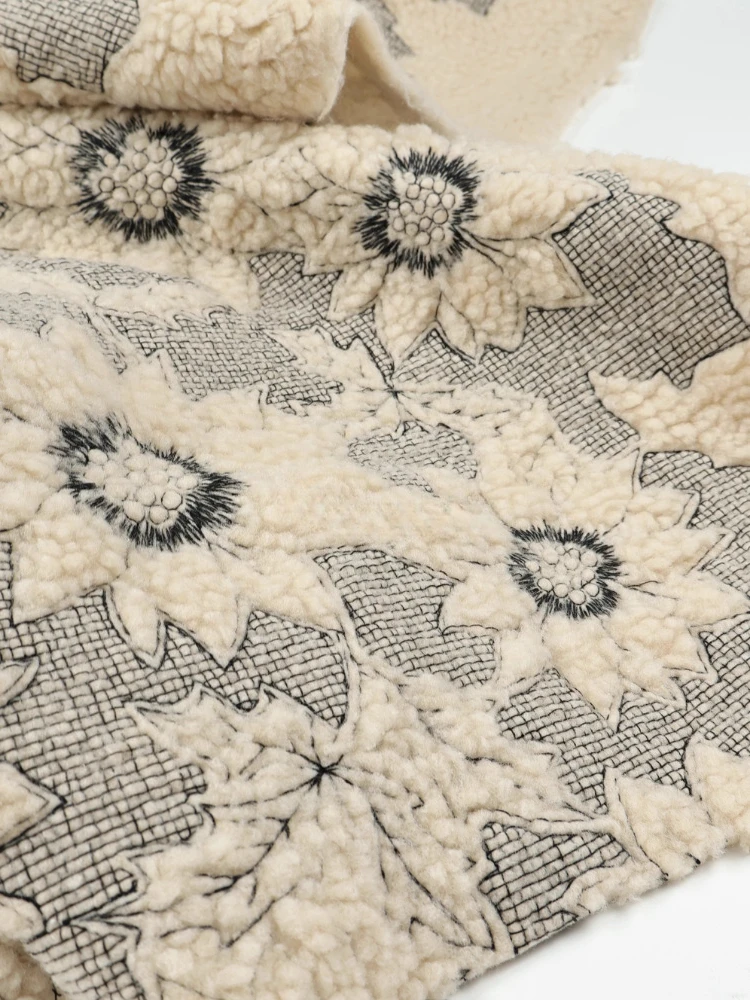 

Embroidery Imitation Wool Soft Apricot Fabric for Sunflower Coat Bag Vest Suit Design No Elasticity Per Meter Sewing Material