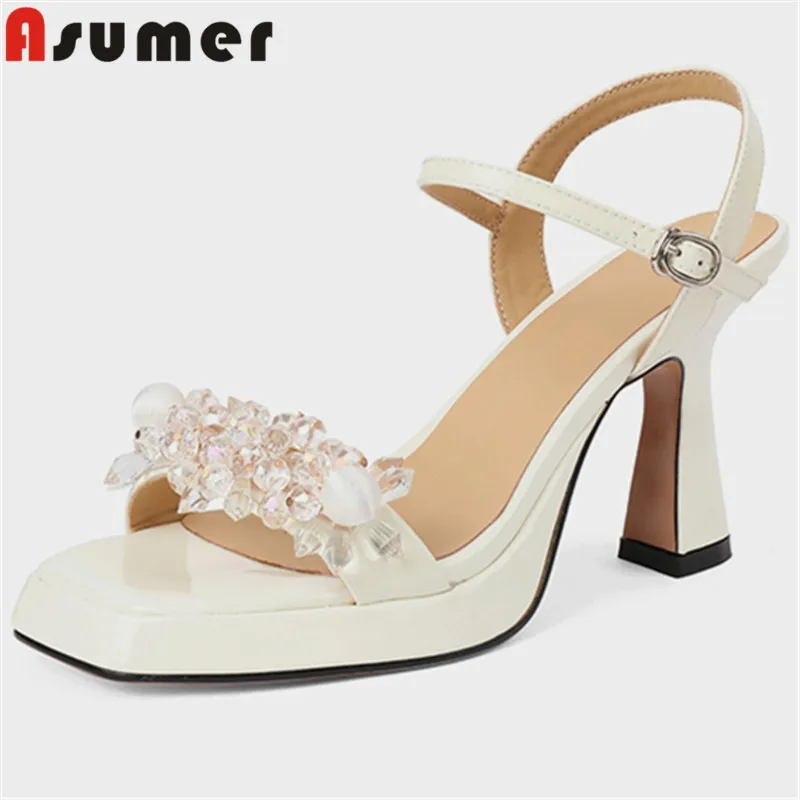 

ASUMER 2022 New Popular String Bead High Heels Platfrom Sandals Buckle Strap Patent Leather Women Sandals Ladies Dress Shoes