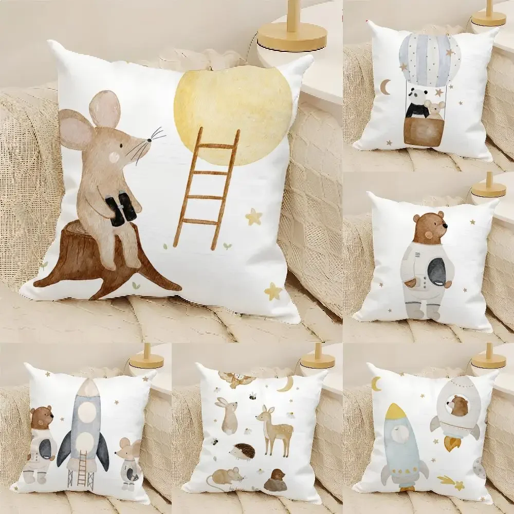Boho Space Rocket Bear Panda Mouse Cushion Cover Natural Linen Organic Fabric Double-Sided Printing Sofa Home Decor Pillow Cover
