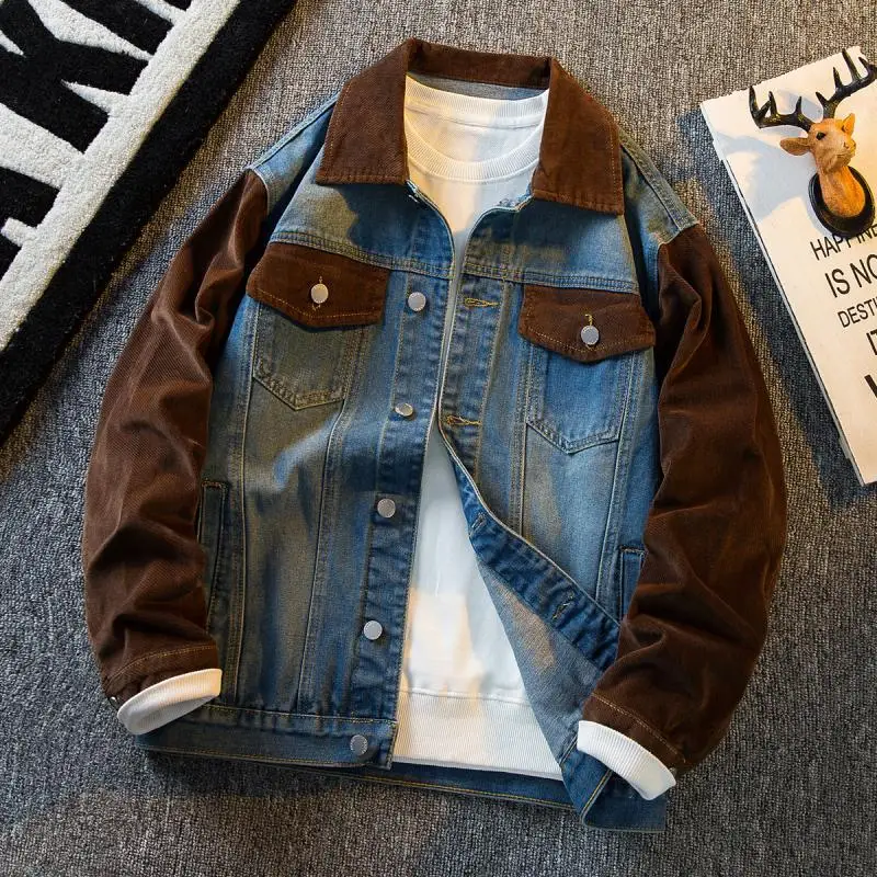 Men's retro patchwork denim jacket for men's clothing, American high-end handsome jacket for men's spring and autumn styles