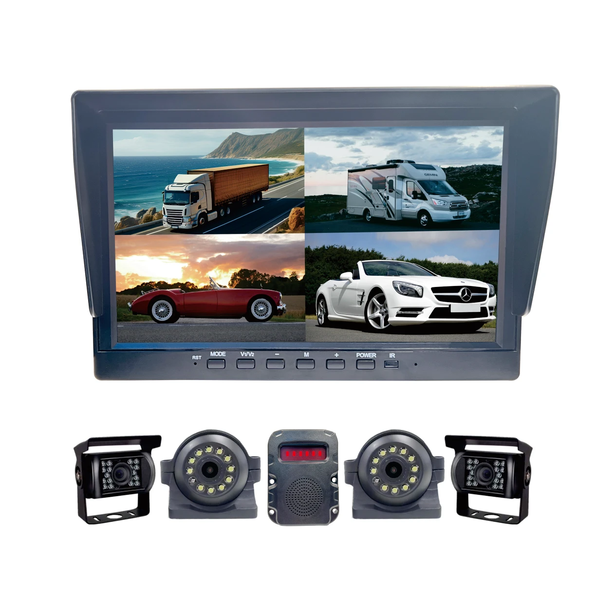 10 inch HD Quad View system 4CH of car bus truck vehicle backup side motion detect alarm