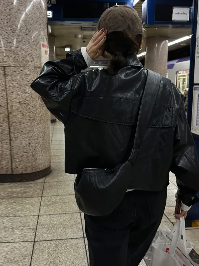 Jaet de cuero PU coreano Sle ort para mujer, ropa de motocicleta versátil Retro de Hong Kong Sle, Top de sensación de alta gama