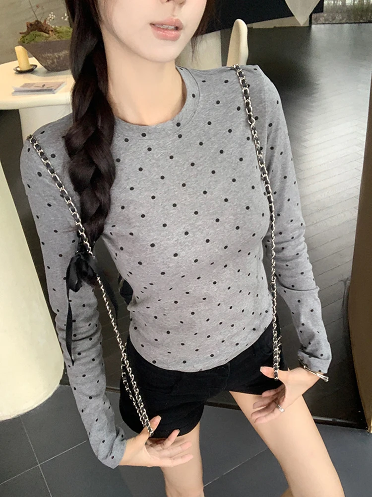 

ay Polka Dot Long Sve round Ne T-irt Women's Autumn Winter High Sensation Spicy Girl Inner Wear oulder Level Top