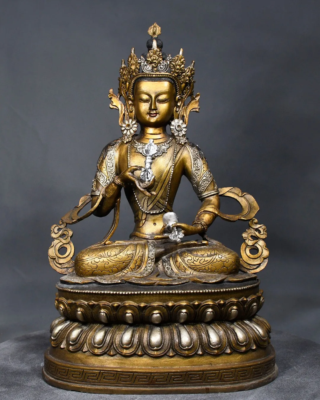 

Tibetan Nepalese brass gilded gold and silver Vajrasattva Guanyin Tara ornament, 37cm, for home and temple use