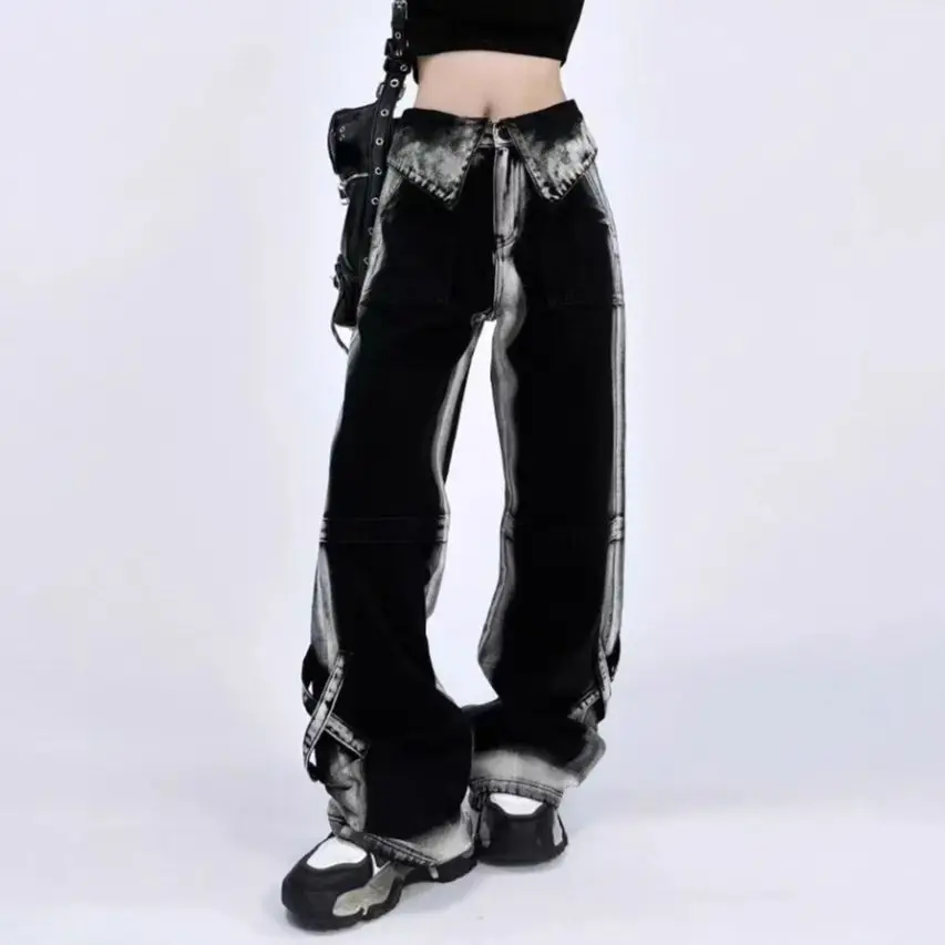 

Джинсы контрастного цвета Y2k, женская одежда, модные широкие брюки с высокой талией, новинка 2025, повседневные прямые джинсовые брюки Femme