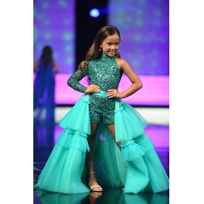 Turquoise Girls Prom Skirt Lush Ruffle Princess Party Prom Skirts Kid New Year Costume Long Tulle Asymmertrical