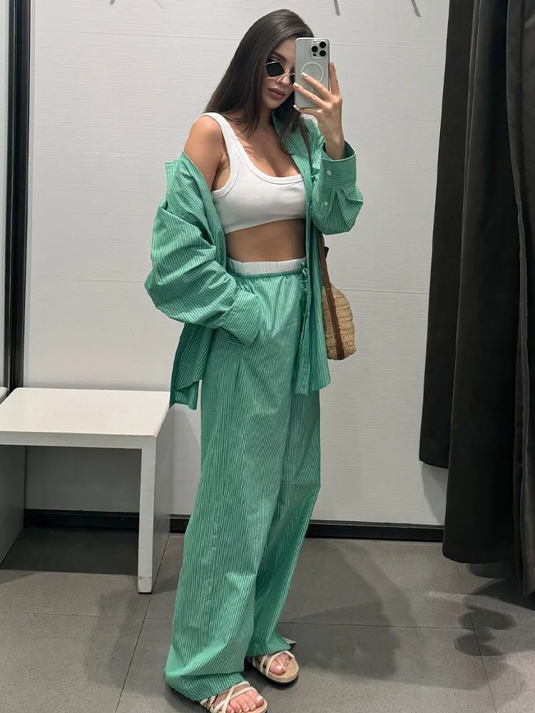 TRAFZA Woman Turn-Down Collar Long Sleeves Pocket Single Breasted Shirts+Elastic Waist Lace-Up Pant Summer Suits Woman Trendy